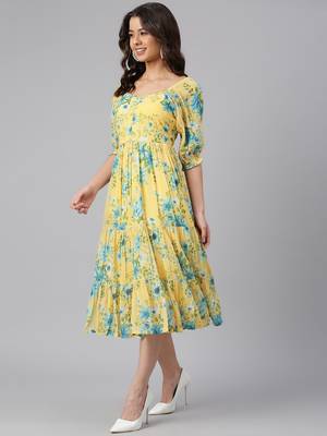 Yellow printed georgette long-dresses 4