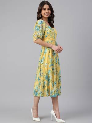 Yellow printed georgette long-dresses 5