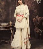 Off-White Multi Sequins And Thread Embroidered Georgette Sharara Suit