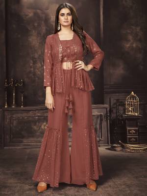 Rust Orange Thread And Sequins Embroidered Georgette Sharara Suit 1