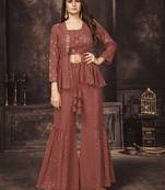 Rust Orange Thread And Sequins Embroidered Georgette Sharara Suit
