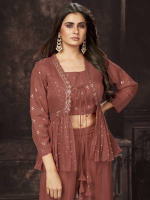 Rust Orange Thread And Sequins Embroidered Georgette Sharara Suit 2