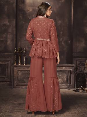 Rust Orange Thread And Sequins Embroidered Georgette Sharara Suit 4