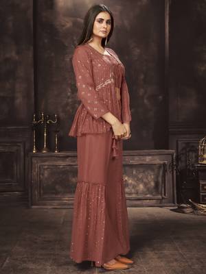 Rust Orange Thread And Sequins Embroidered Georgette Sharara Suit 5