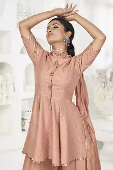Peach Sequins Embroidered Banarasi Silk Salwar Suit
