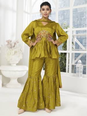 Dark Pista Green Embroidered With Paper Mirror Banarasi Silk Salwar Suit 1