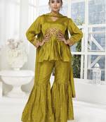 Dark Pista Green Embroidered With Paper Mirror Banarasi Silk Salwar Suit