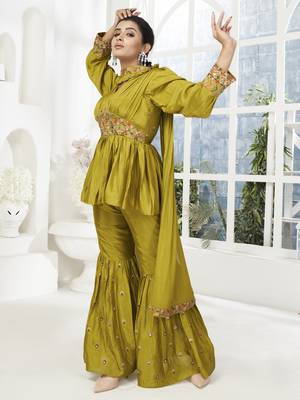 Dark Pista Green Embroidered With Paper Mirror Banarasi Silk Salwar Suit 5