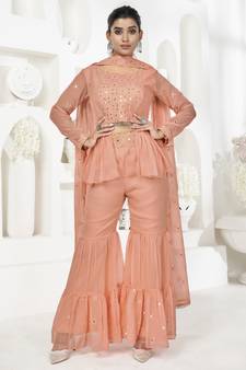 Peach Sequins Embroidered With Mirror Georgette Party Wear Dress