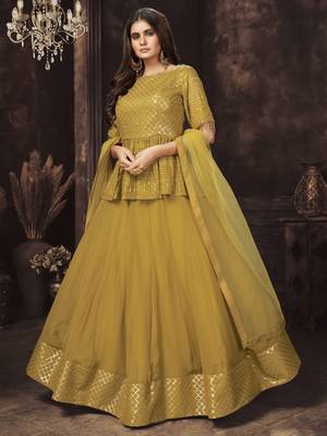 Mustard Dual Sequins And Zari Embroidered Georgette Stitched Lehenga 1