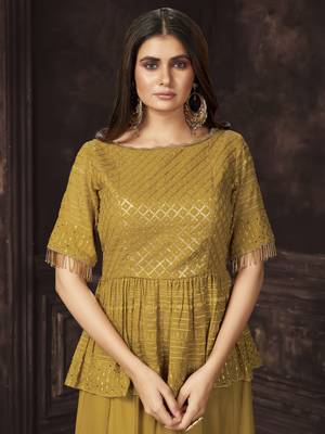 Mustard Dual Sequins And Zari Embroidered Georgette Stitched Lehenga 2