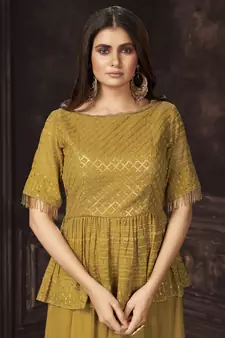 Mustard Dual Sequins And Zari Embroidered Georgette Stitched Lehenga