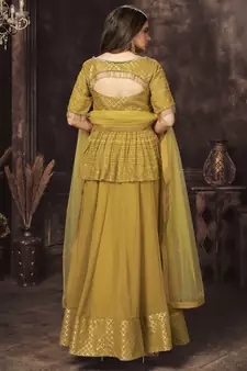 Mustard Dual Sequins And Zari Embroidered Georgette Stitched Lehenga