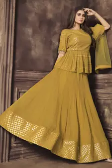 Mustard Dual Sequins And Zari Embroidered Georgette Stitched Lehenga