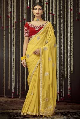 Mustard Thread And Sequins Embroidered Organza Party Wear Saree 1