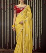 Mustard Thread And Sequins Embroidered Organza Party Wear Saree