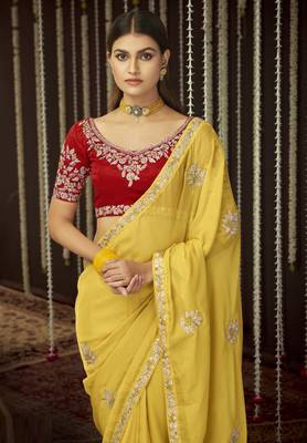  Mustard Thread And Sequins Embroidered Organza Party Wear Saree 2