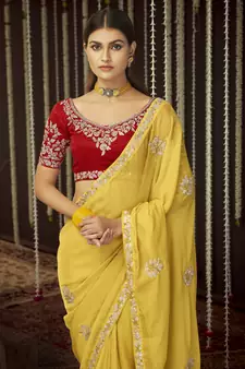  Mustard Thread And Sequins Embroidered Organza Party Wear Saree