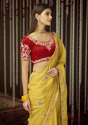 Mustard Thread And Sequins Embroidered Organza Party Wear Saree 3