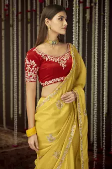  Mustard Thread And Sequins Embroidered Organza Party Wear Saree
