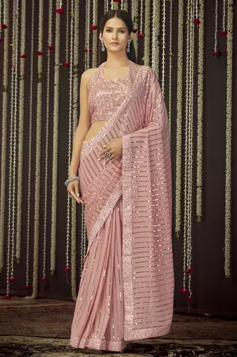 Glamourous Baby Pink Sequins Thread Embroidered Georgette Saree With Art Silk Blouse