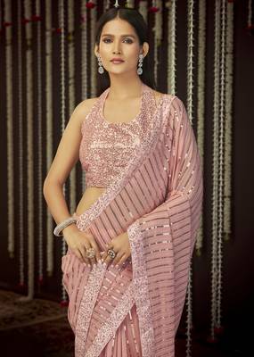 Glamourous Baby Pink Sequins Thread Embroidered Georgette Saree With Art Silk Blouse 2