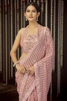 Glamourous Baby Pink Sequins Thread Embroidered Georgette Saree With Art Silk Blouse
