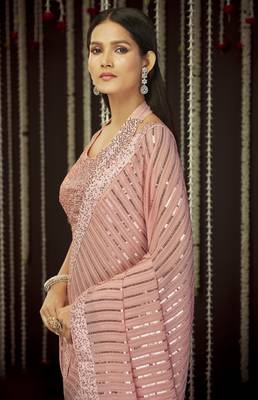 Glamourous Baby Pink Sequins Thread Embroidered Georgette Saree With Art Silk Blouse 3