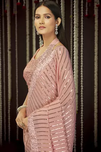 Glamourous Baby Pink Sequins Thread Embroidered Georgette Saree With Art Silk Blouse