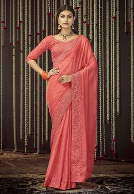 Glamorous Peach thread zari embroidered Organza party wear saree 1