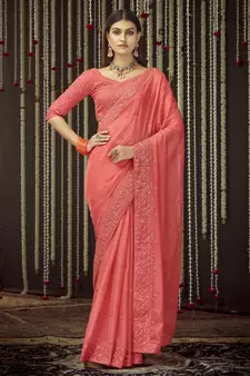 Glamorous Peach thread, zari embroidered Organza party wear saree