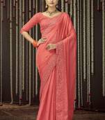 Glamorous Peach thread, zari embroidered Organza party wear saree