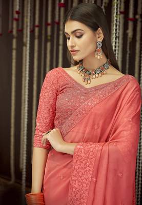 Glamorous Peach thread zari embroidered Organza party wear saree 2