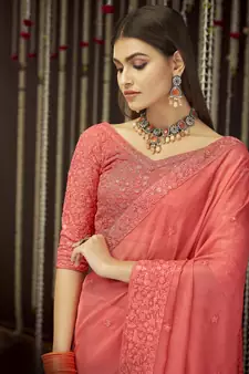 Glamorous Peach thread, zari embroidered Organza party wear saree