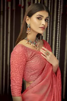 Glamorous Peach thread, zari embroidered Organza party wear saree