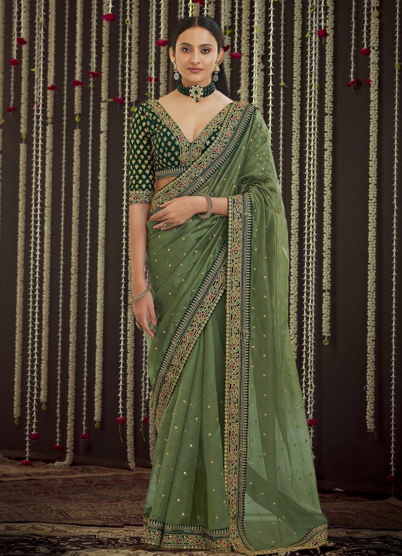 Graceful Olive Green thread, sequins embroidered Organza Saree with Blouse