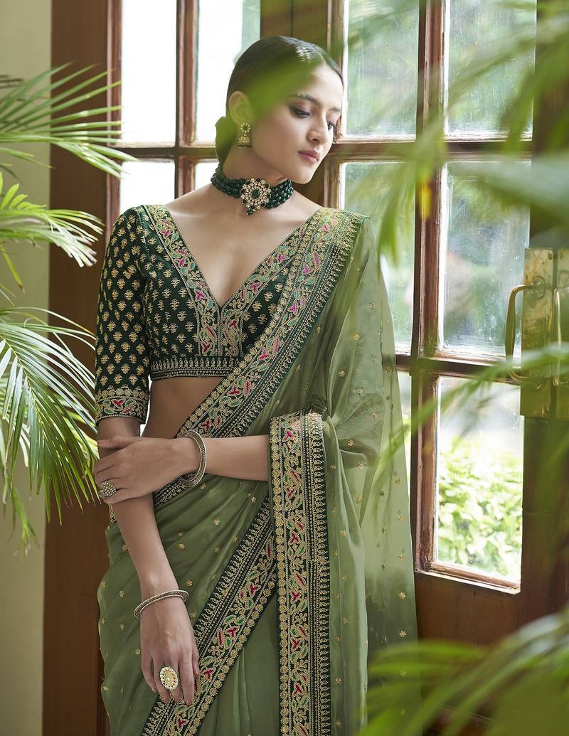 Graceful Olive Green thread, sequins embroidered Organza Saree with Blouse