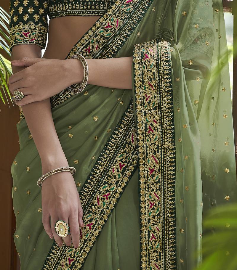 Graceful Olive Green thread, sequins embroidered Organza Saree with Blouse