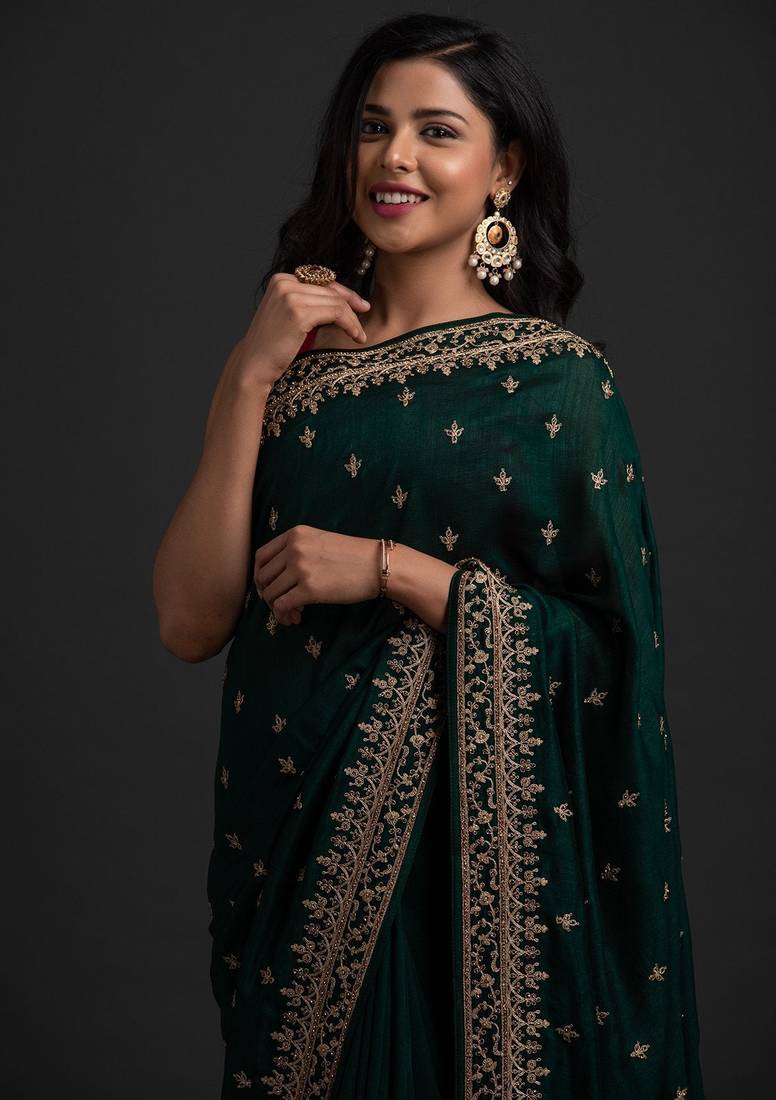 Enchanting Green Dori and Sequins Embroidered with Stone work Art Silk Saree with Blouse