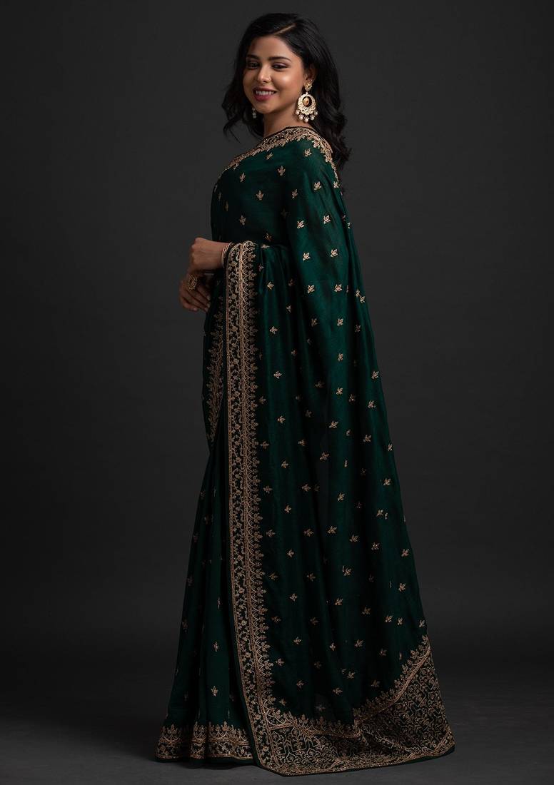 Enchanting Green Dori and Sequins Embroidered with Stone work Art Silk Saree with Blouse