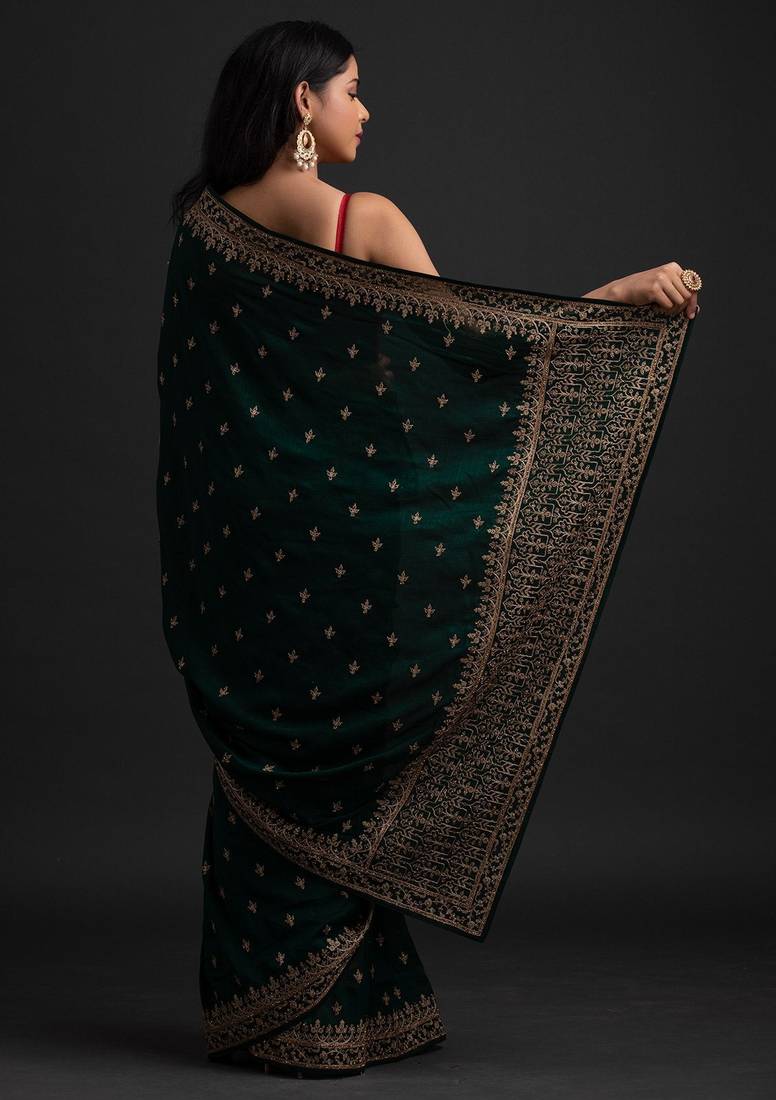 Enchanting Green Dori and Sequins Embroidered with Stone work Art Silk Saree with Blouse