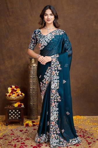 Midnight Teal Green Colored C-Pallu Embroidered With Piping Border  Soft Rangoli Silk Wedding Saree