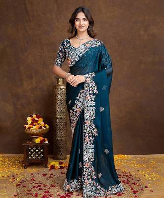 Midnight Teal Green Colored C-Pallu Embroidered With Piping Border Soft Rangoli Silk Wedding Saree 1