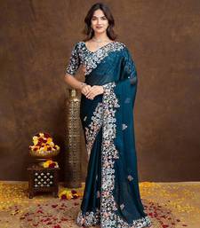 Midnight Teal Green Colored C-Pallu Embroidered With Piping Border Soft Rangoli Silk Wedding Saree