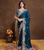 Midnight Teal Green Colored C-Pallu Embroidered With Piping Border  Soft Rangoli Silk Wedding Saree