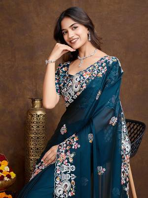 Midnight Teal Green Colored C-Pallu Embroidered With Piping Border Soft Rangoli Silk Wedding Saree 2
