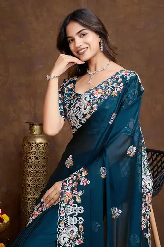 Midnight Teal Green Colored C-Pallu Embroidered With Piping Border Soft Rangoli Silk Wedding Saree