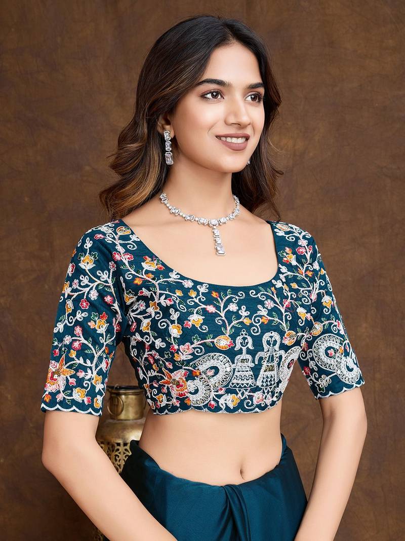 Midnight Teal Green Colored C-Pallu Embroidered With Piping Border  Soft Rangoli Silk Wedding Saree