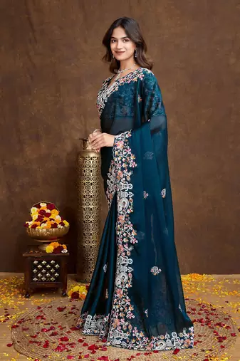 Midnight Teal Green Colored C-Pallu Embroidered With Piping Border Soft Rangoli Silk Wedding Saree
