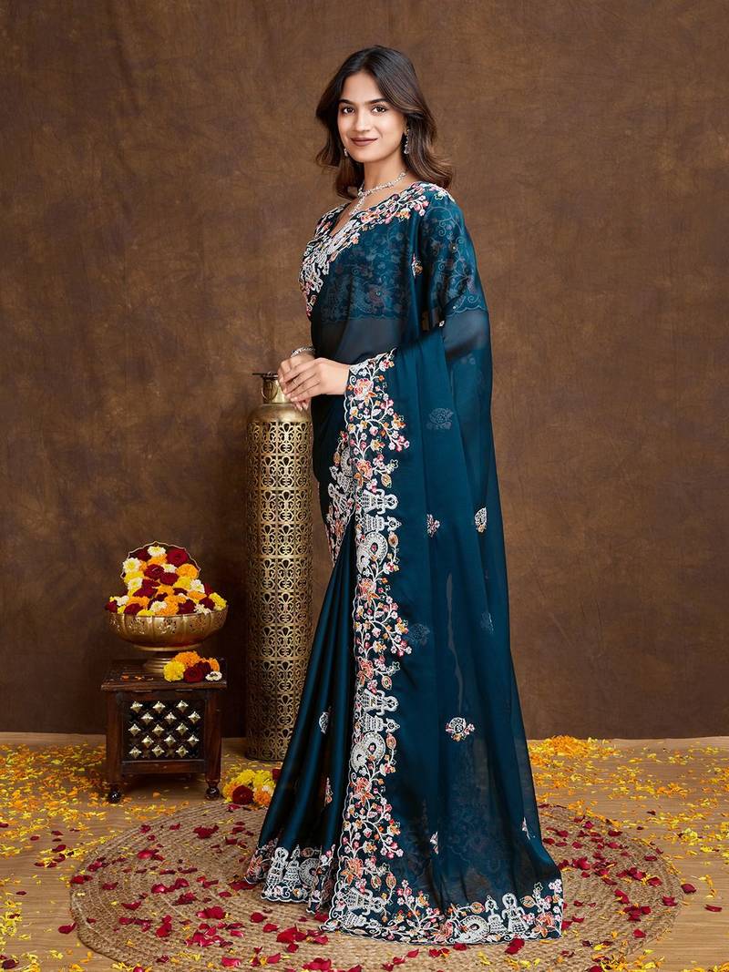 Midnight Teal Green Colored C-Pallu Embroidered With Piping Border  Soft Rangoli Silk Wedding Saree